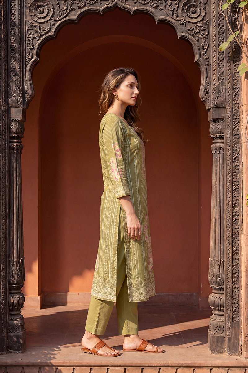 Green Pure Cotton Ethnic Motifs Printed  Straight Kurta Sets VKSKD3201