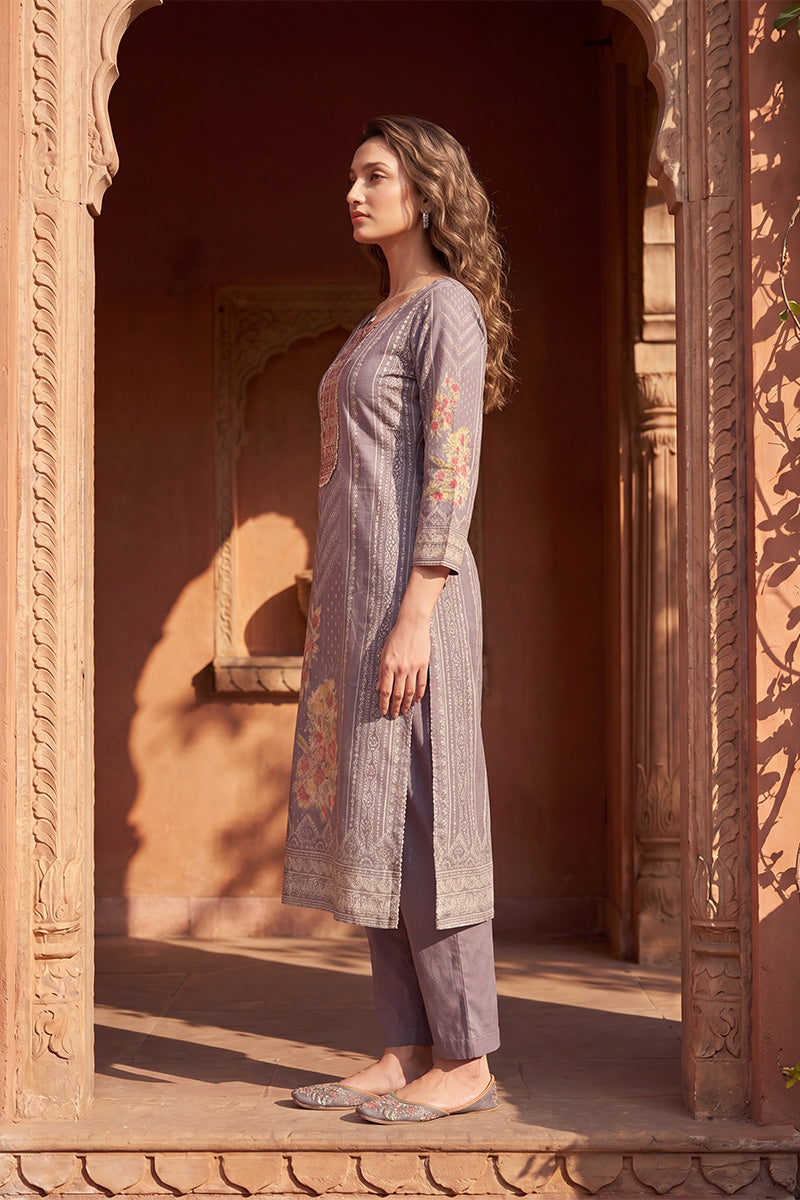 Lavender Pure Cotton Ethnic Motifs Printed  Straight Kurta Sets VKSKD3202
