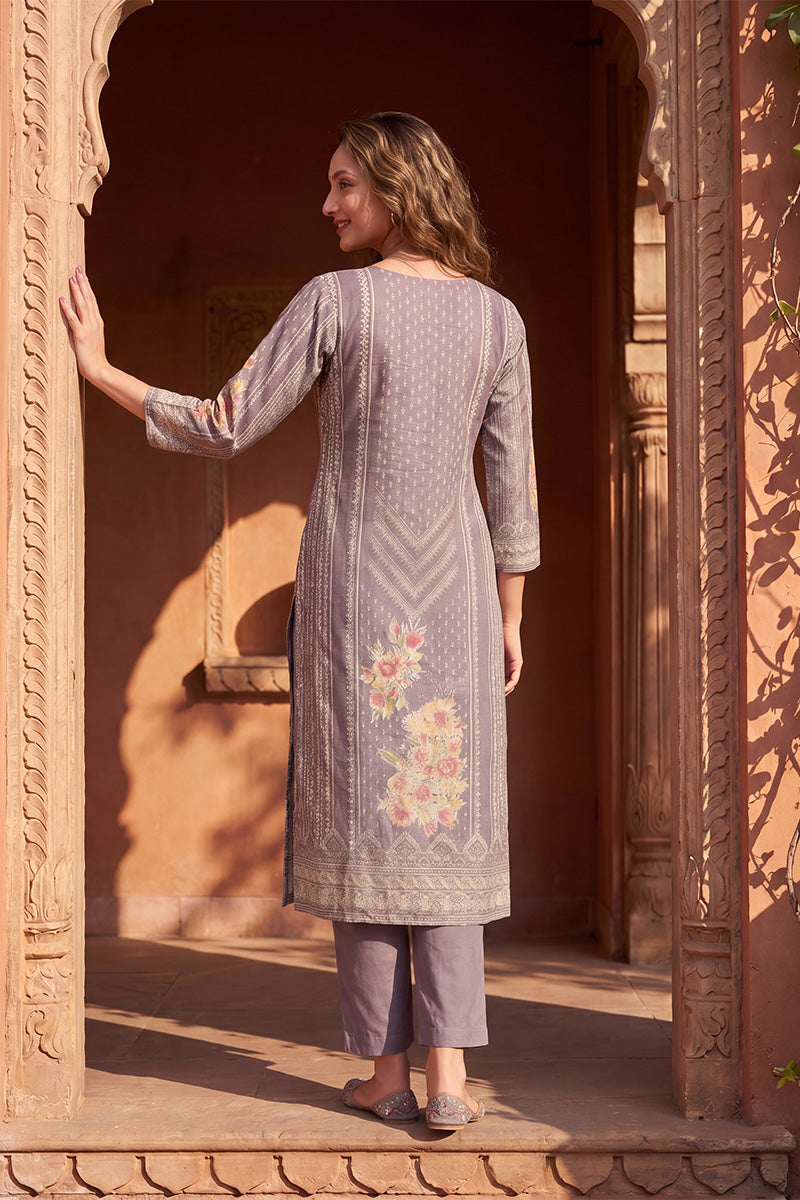 Lavender Pure Cotton Ethnic Motifs Printed  Straight Kurta Sets VKSKD3202