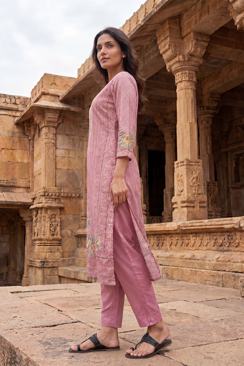 Pink Pure Cotton Ethnic Motifs Printed  Straight Kurta Sets VKSKD3203