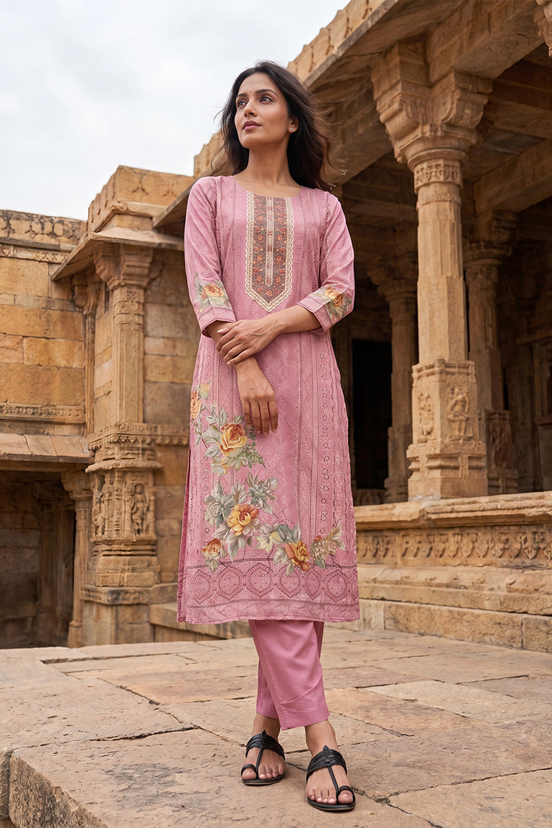 Pink Pure Cotton Ethnic Motifs Printed  Straight Kurta Sets VKSKD3203
