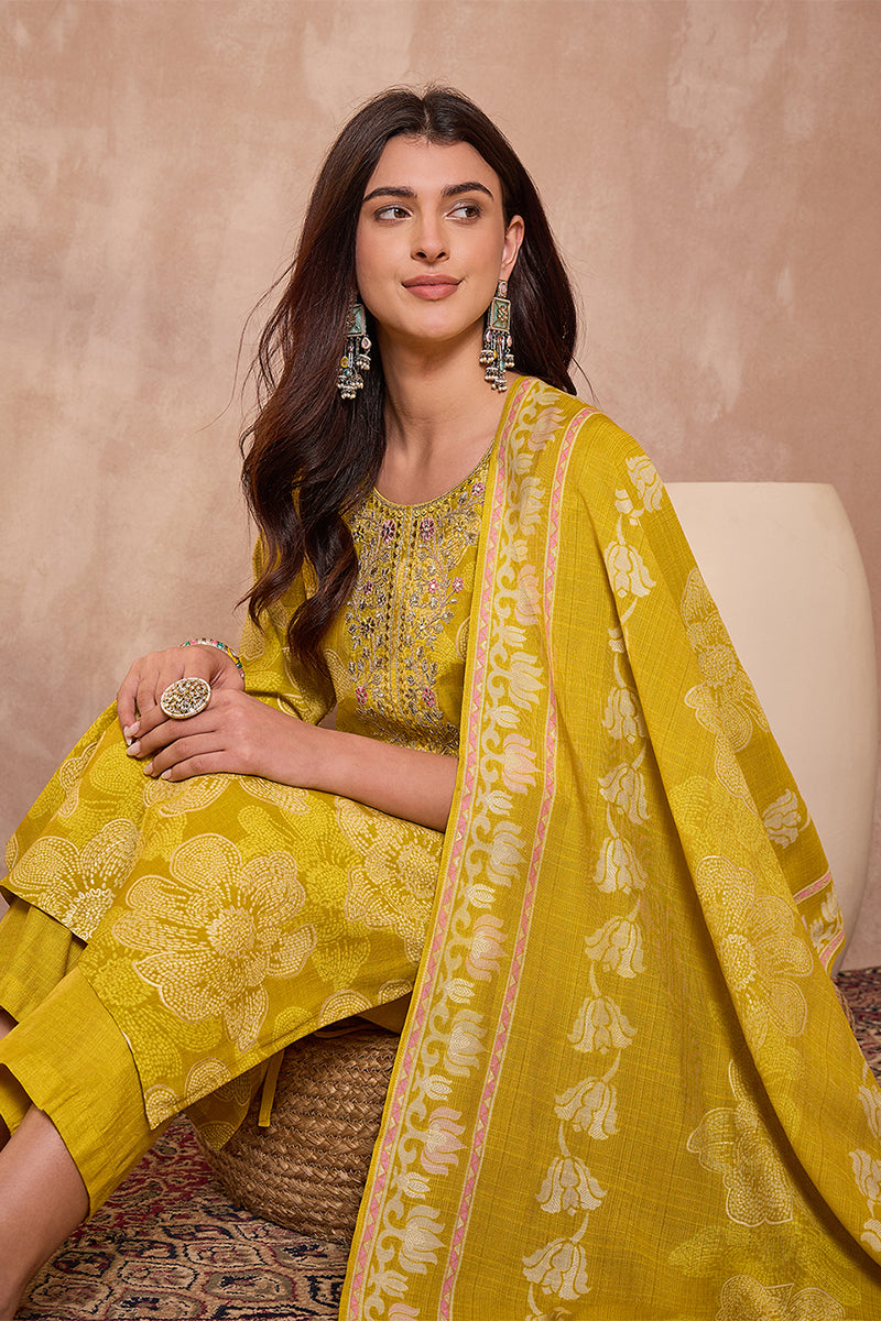 Yellow Poly Silk Floral Printed Straight Kurta Trouser With Dupatta VKSKD3209