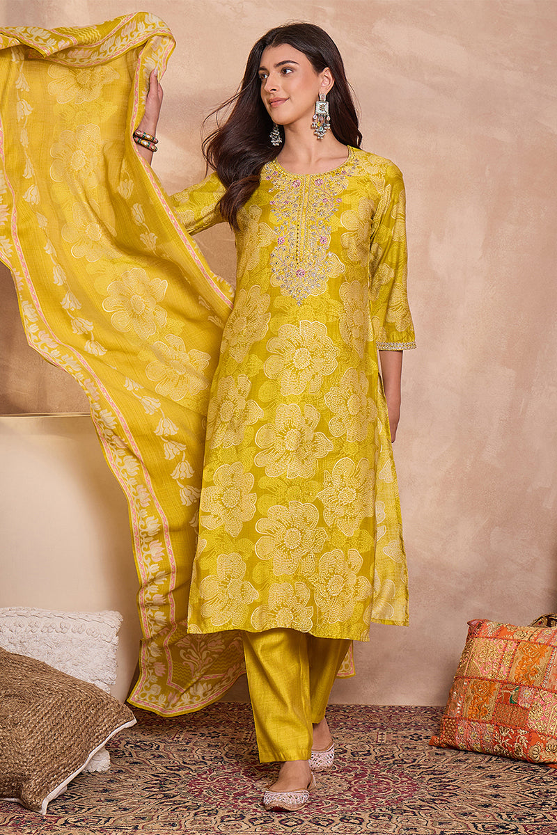 Yellow Poly Silk Floral Printed Straight Kurta Trouser With Dupatta VKSKD3209