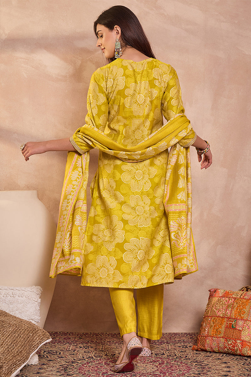 Yellow Poly Silk Floral Printed Straight Kurta Trouser With Dupatta VKSKD3209