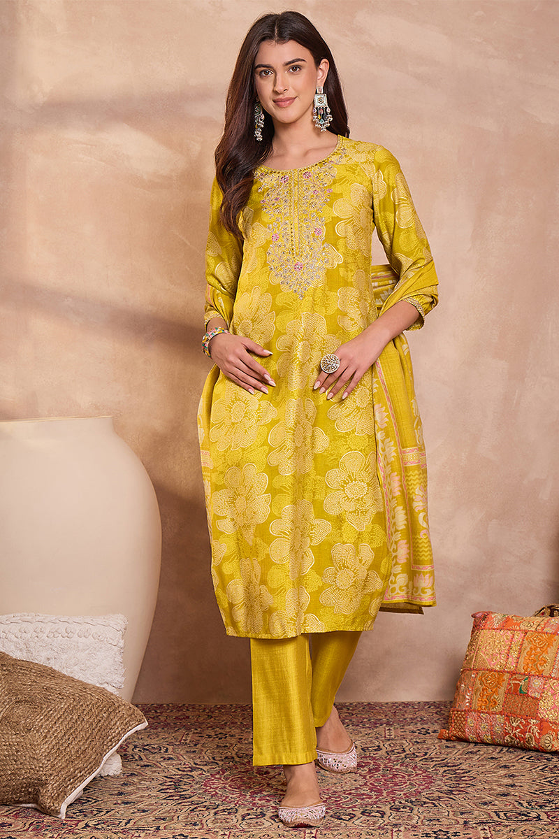 Yellow Poly Silk Floral Printed Straight Kurta Trouser With Dupatta VKSKD3209
