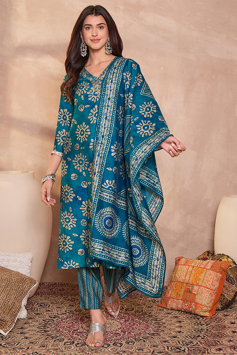 Blue Cotton Blend Abstract Printed Straight Kurta Trouser With Dupatta VKSKD3212