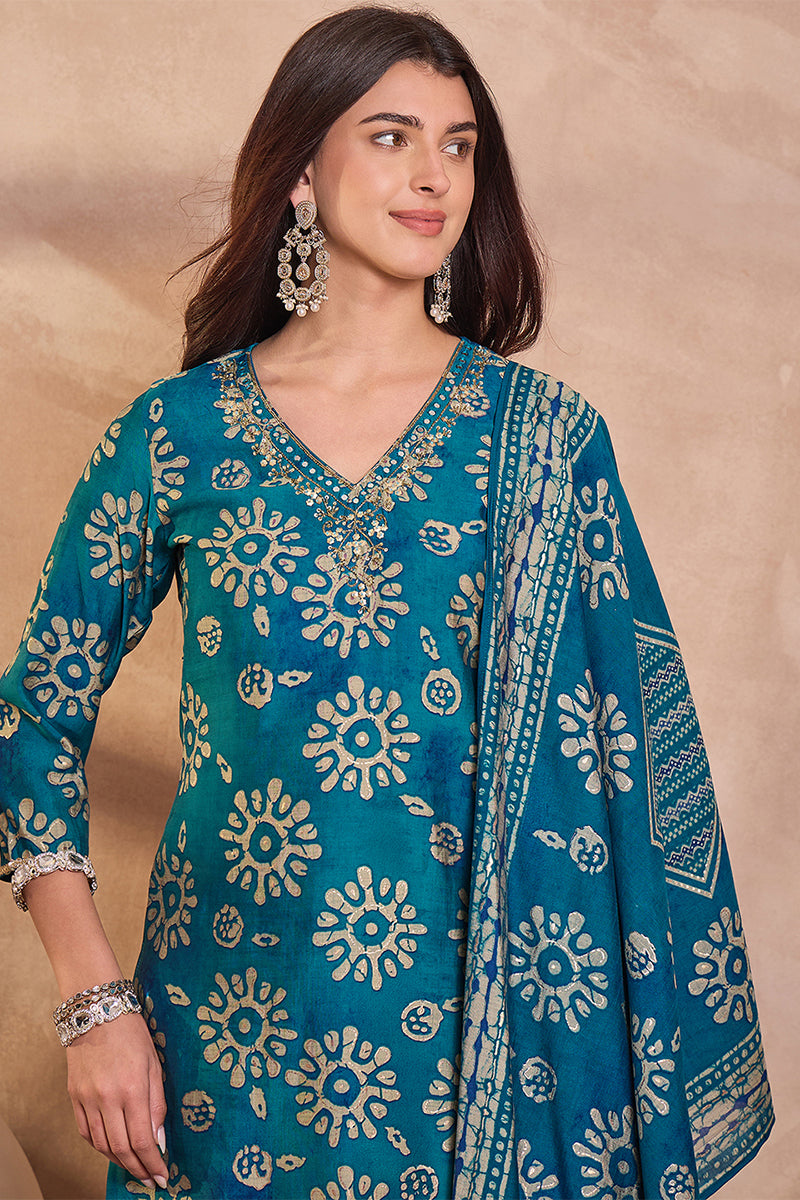 Blue Cotton Blend Abstract Printed Straight Kurta Trouser With Dupatta VKSKD3212