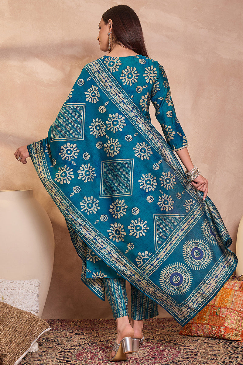 Blue Cotton Blend Abstract Printed Straight Kurta Trouser With Dupatta VKSKD3212