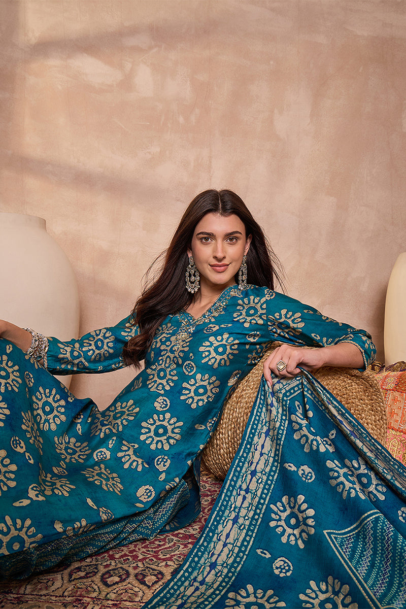 Blue Cotton Blend Abstract Printed Straight Kurta Trouser With Dupatta VKSKD3212