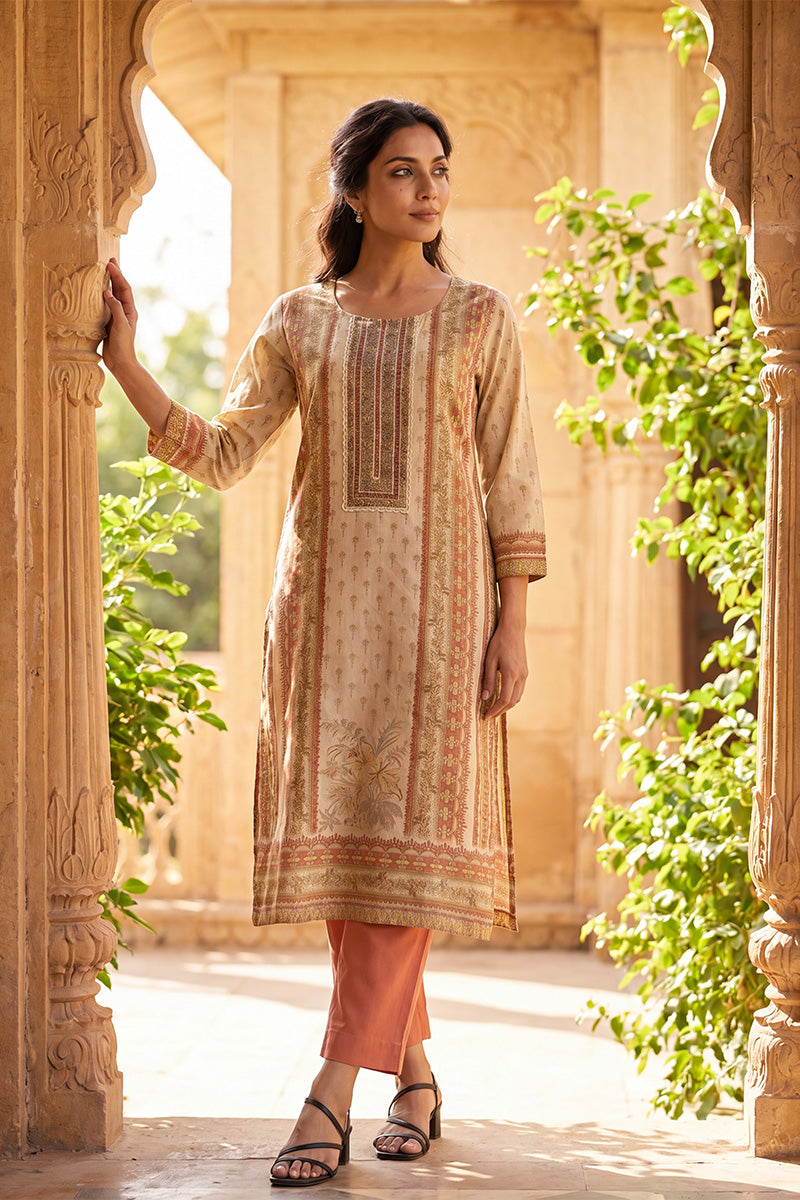 Peach Pure Cotton Ethnic Motifs Printed  Straight Kurta Sets VKSKD3216