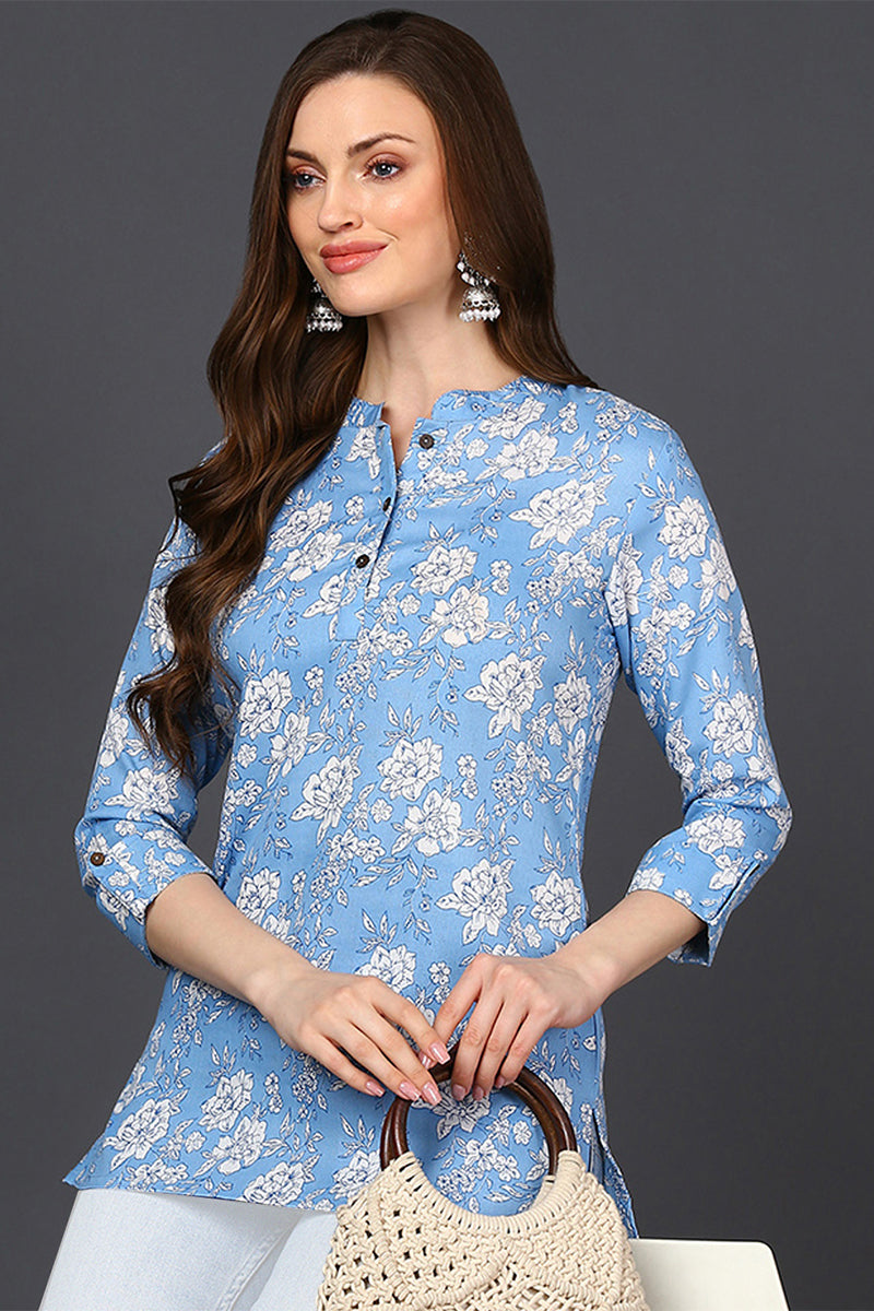 Light Blue Cotton Blend Floral Printed Straight Tunic VT1227