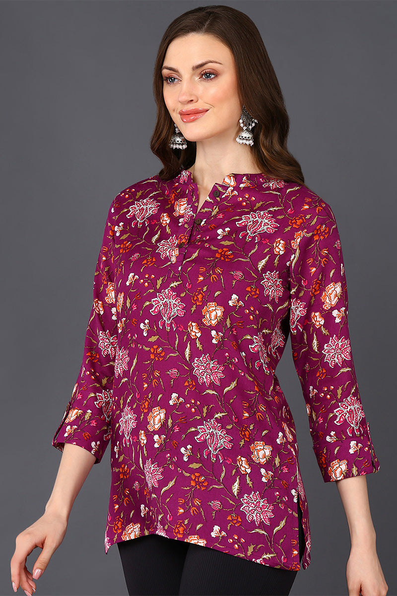 Purple Cotton Blend Floral Printed Straight Tunic VT1229