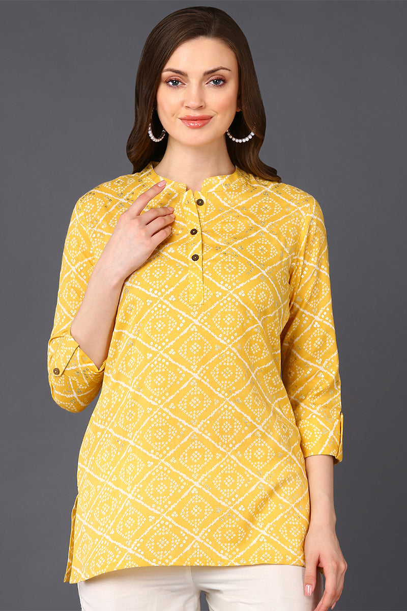 Yellow Cotton Blend Bandhani Printed Straight Tunic VT1233