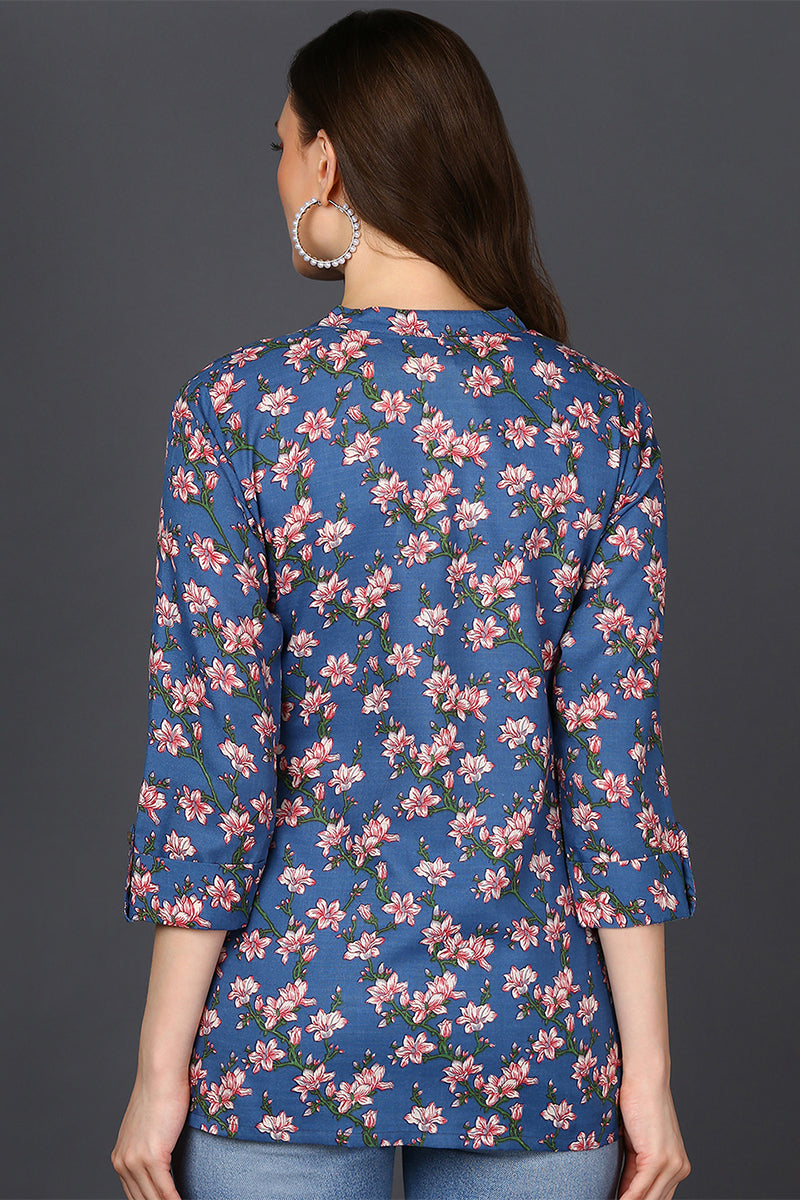 Blue Cotton Blend Floral Printed Straight Tunic VT1235
