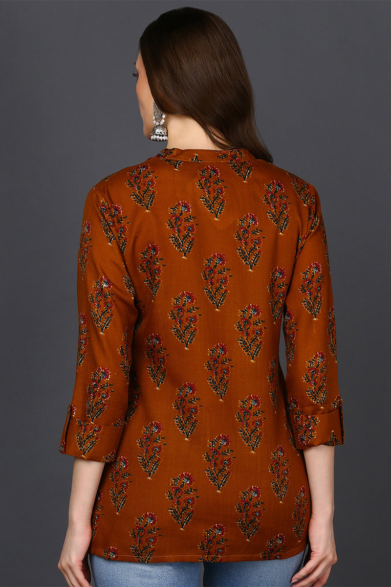 Occur Yellow Cotton Blend Ethnic Motifs Printed Straight Tunic VT1236