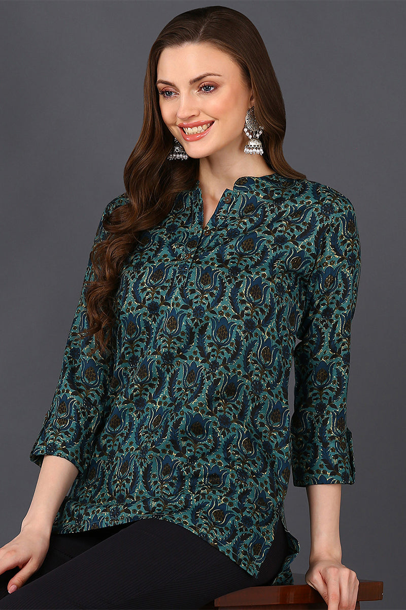 Teal Green Cotton Blend Ethnic Motifs Printed Straight Tunic VT1237