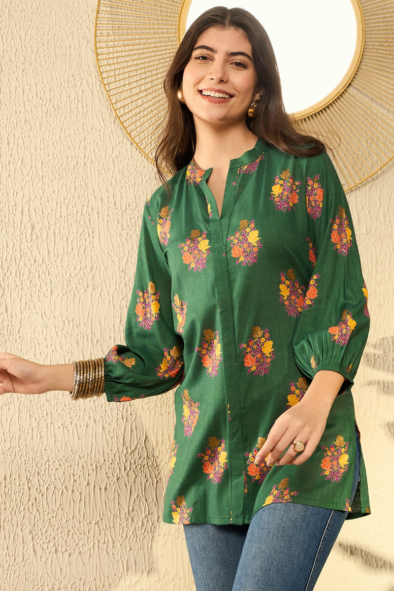 Green Cotton Blend Floral Printed Regular Tunic VT1272GRN