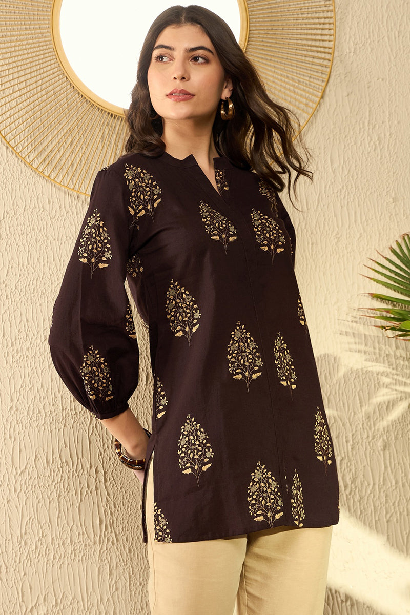 Brown Cotton Blend Ethnic Motifs Printed Regular Tunic VT1279BRN