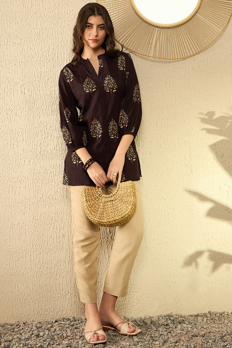 Brown Cotton Blend Ethnic Motifs Printed Regular Tunic VT1279BRN