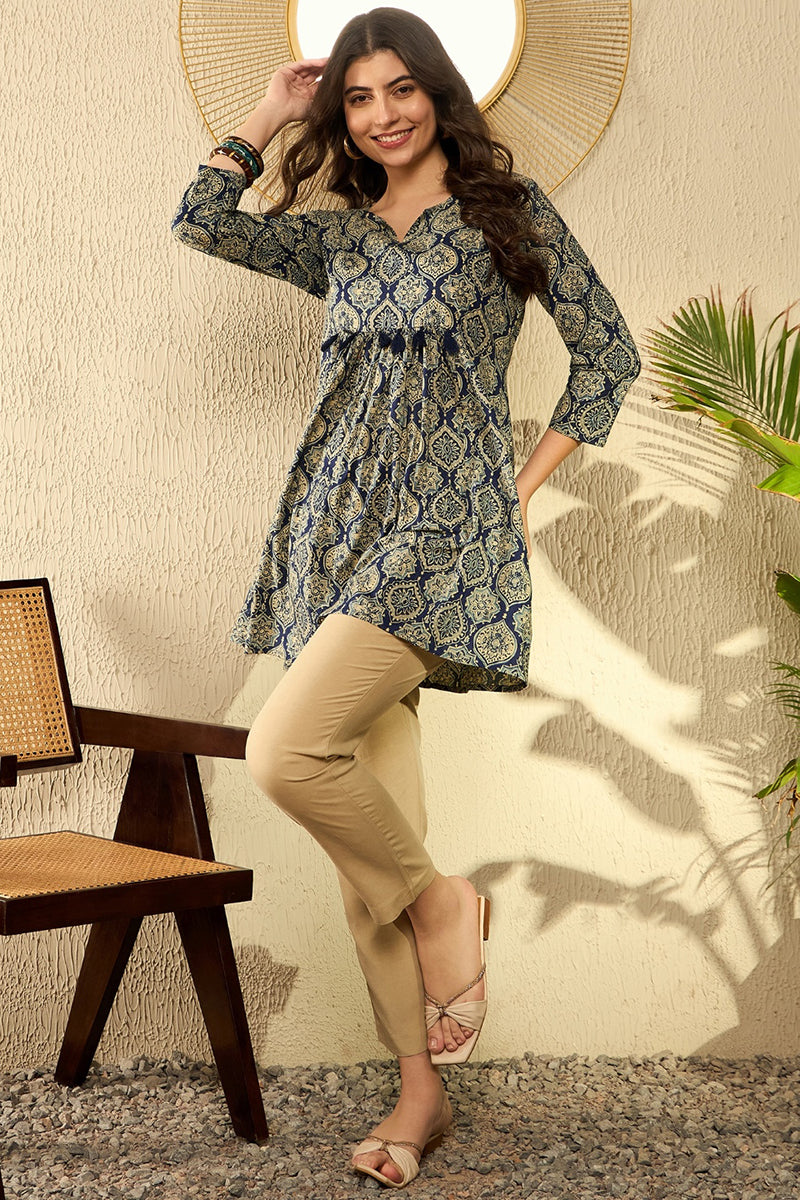 Navy Blue Cotton Blend Ajrakh Printed Peplum Tunic VT1280