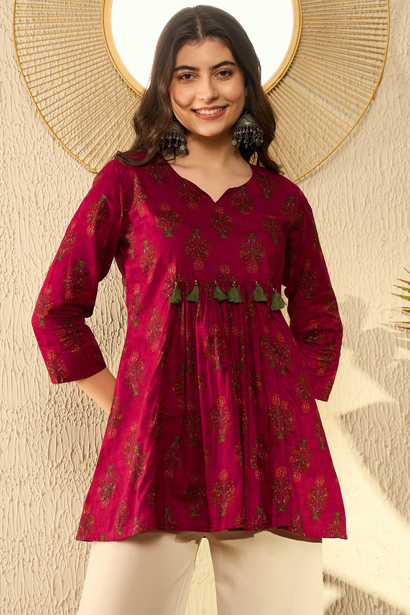 Maroon Cotton Blend Ethnic Motifs Printed Peplum Tunic VT1282