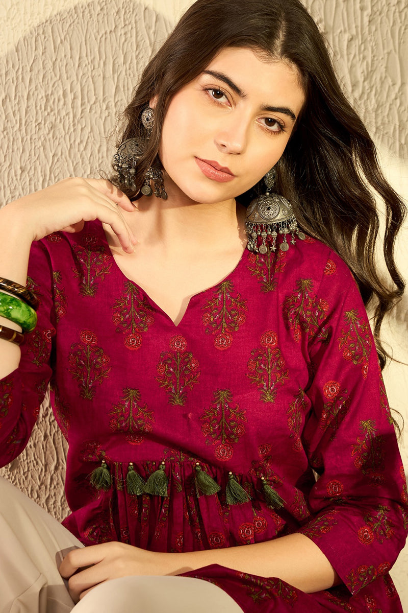 Maroon Cotton Blend Ethnic Motifs Printed Peplum Tunic VT1282