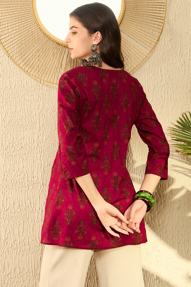 Maroon Cotton Blend Ethnic Motifs Printed Peplum Tunic VT1282