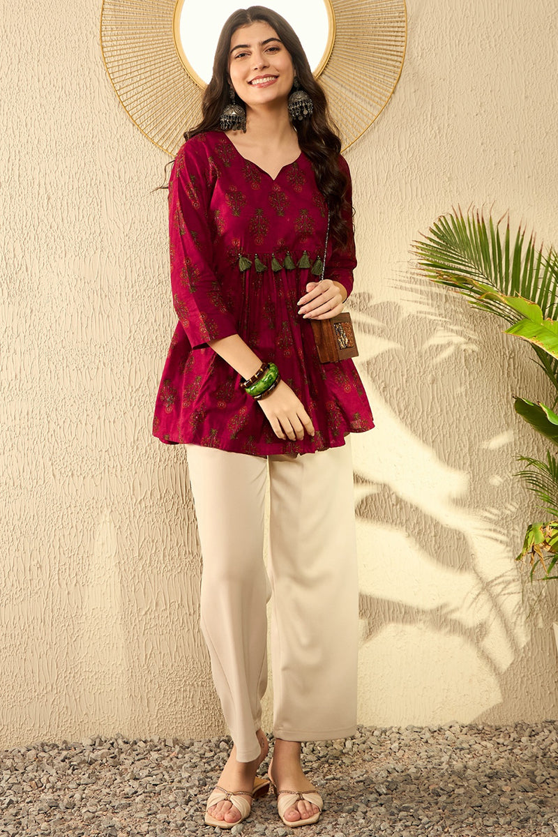 Maroon Cotton Blend Ethnic Motifs Printed Peplum Tunic VT1282