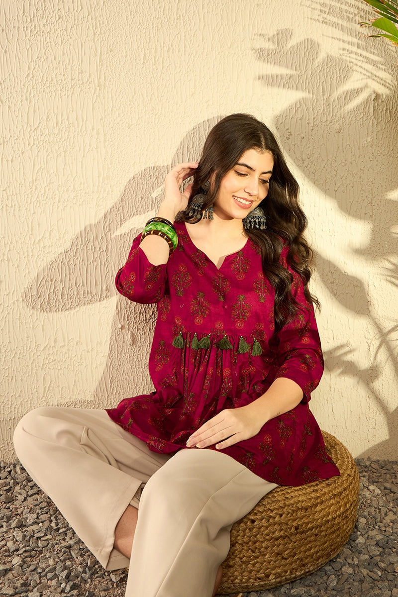 Maroon Cotton Blend Ethnic Motifs Printed Peplum Tunic VT1282