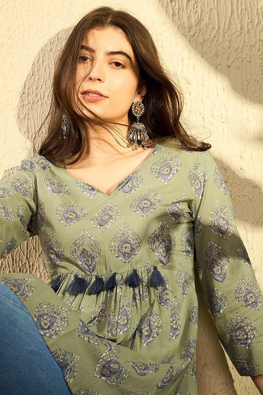 Green Cotton Blend Ethnic Motifs Printed Peplum Tunic VT1283