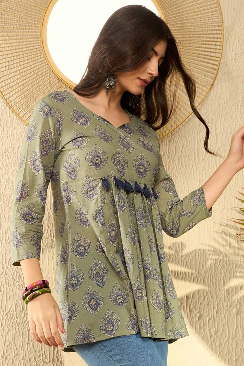 Green Cotton Blend Ethnic Motifs Printed Peplum Tunic VT1283