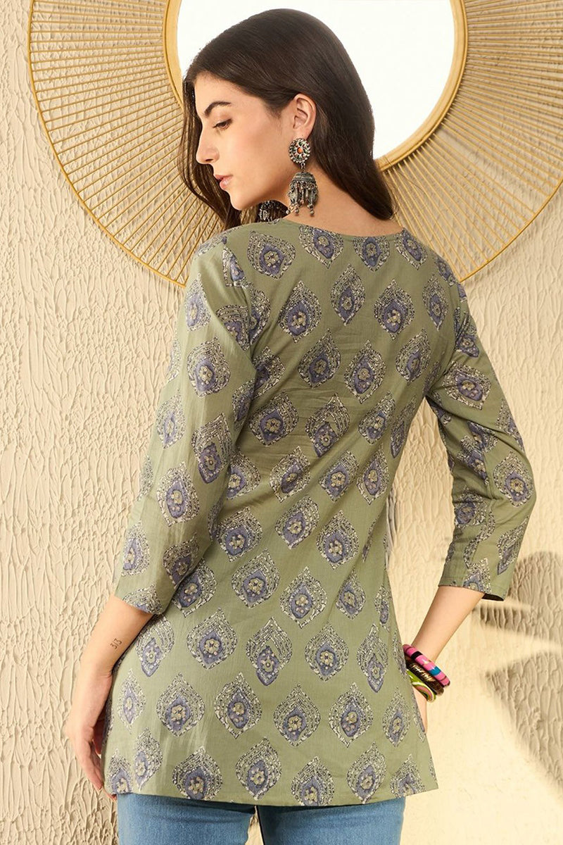 Green Cotton Blend Ethnic Motifs Printed Peplum Tunic VT1283