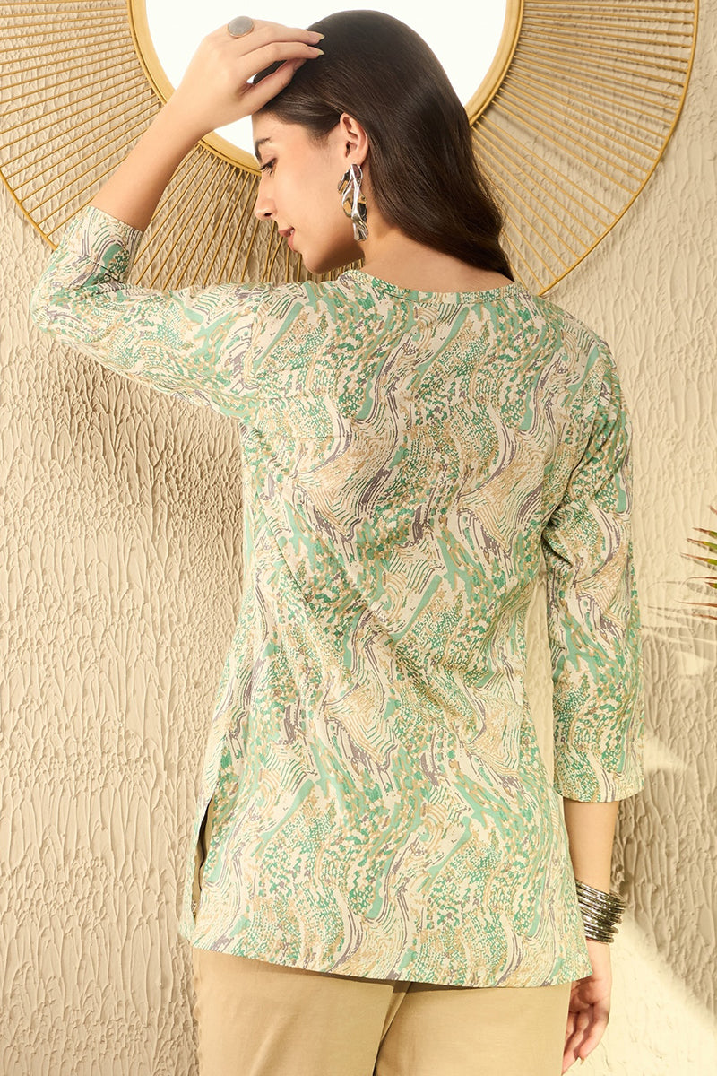 Green Cotton Blend Abstract Printed Regular Tunic VT1290