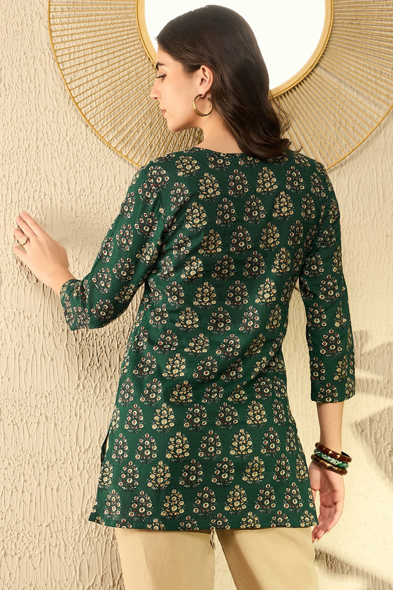 Green Cotton Blend Ethnic Motifs Printed Regular Tunic VT1295