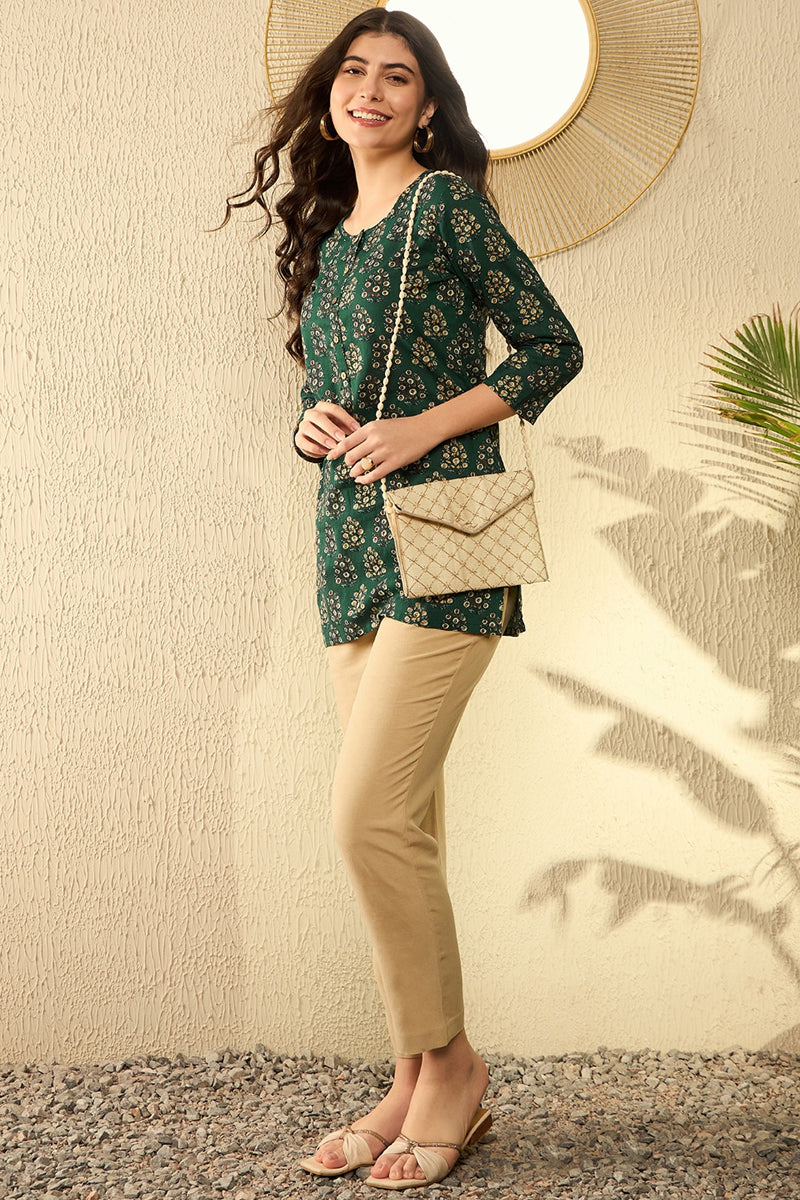 Green Cotton Blend Ethnic Motifs Printed Regular Tunic VT1295