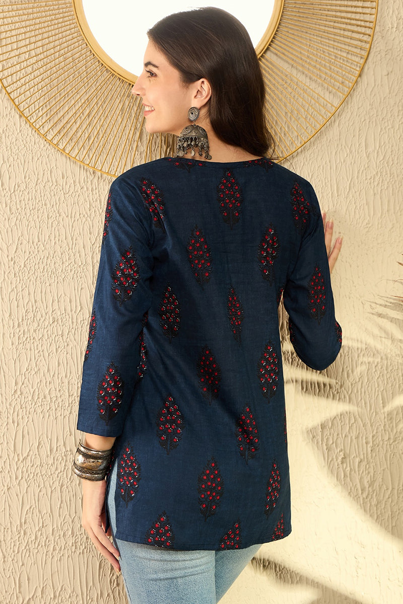 Navy Blue Cotton Blend Ethnic Motifs Printed Regular Tunic VT1296