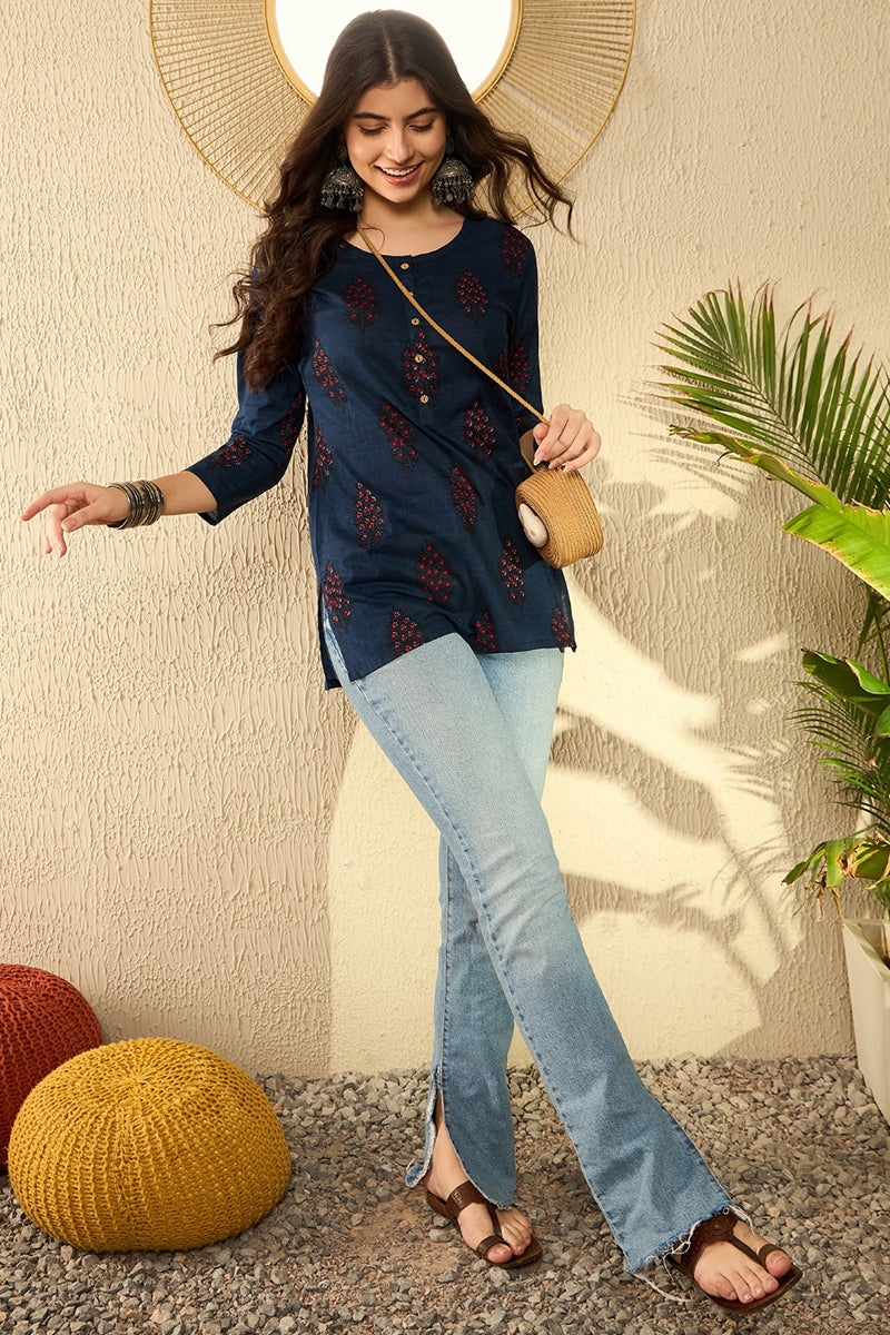 Navy Blue Cotton Blend Ethnic Motifs Printed Regular Tunic VT1296