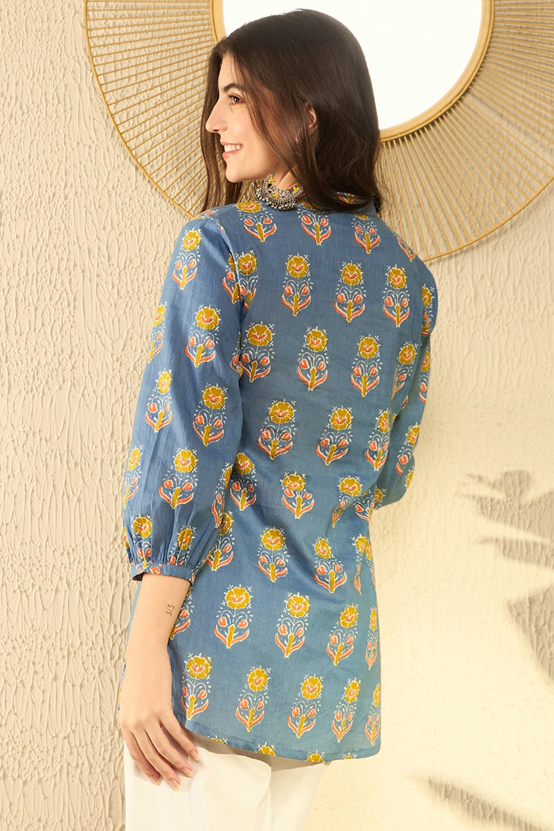 Blue Cotton Blend Floral Printed Regular Tunic VT1300