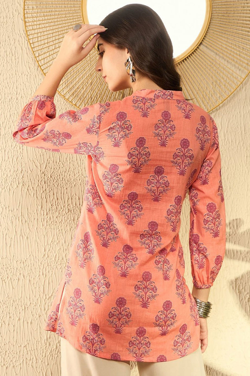 Orange Cotton Blend Floral Printed Regular Tunic VT1301