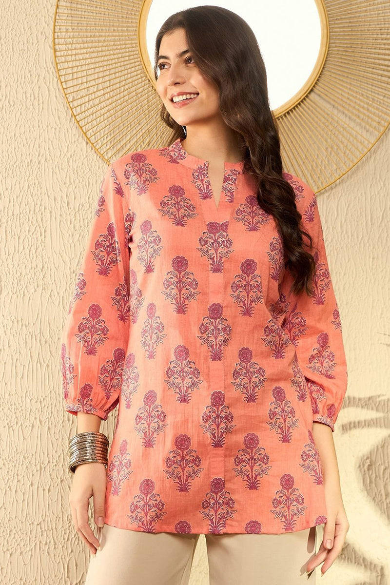 Orange Cotton Blend Floral Printed Regular Tunic VT1301