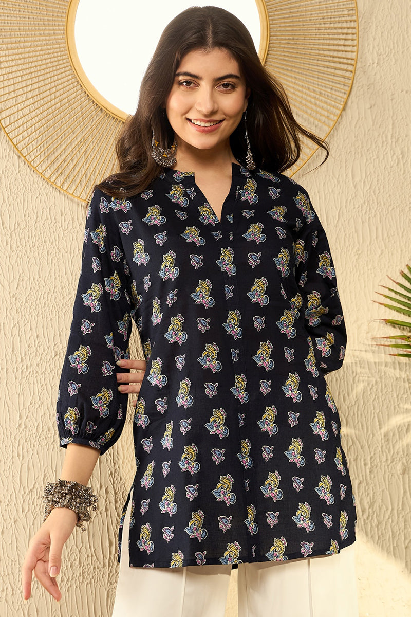 Navy Blue Cotton Blend Ethnic Motifs Printed Regular Tunic VT1302