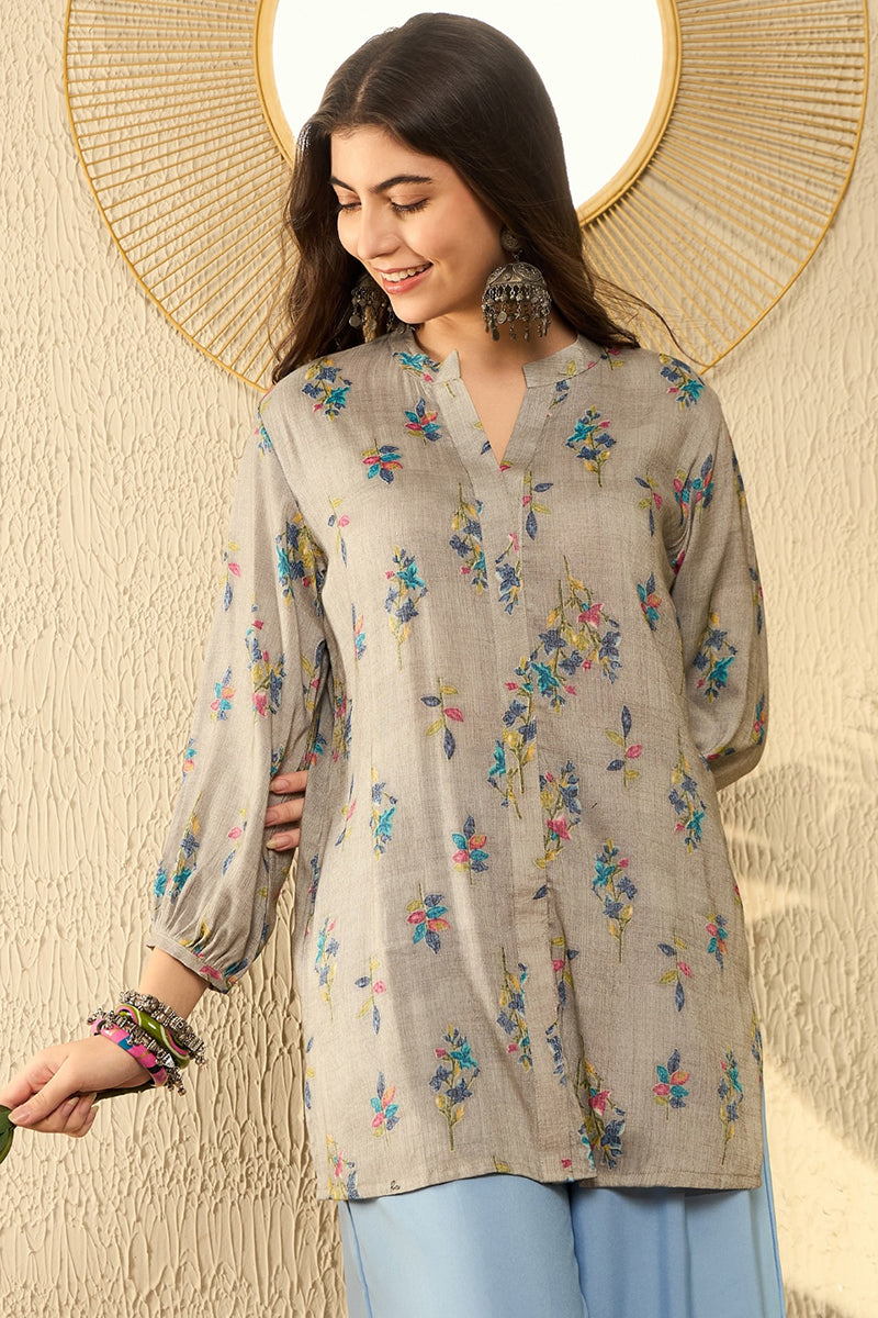 Grey Poly Rayon Floral Printed Regular Tunic VT1303