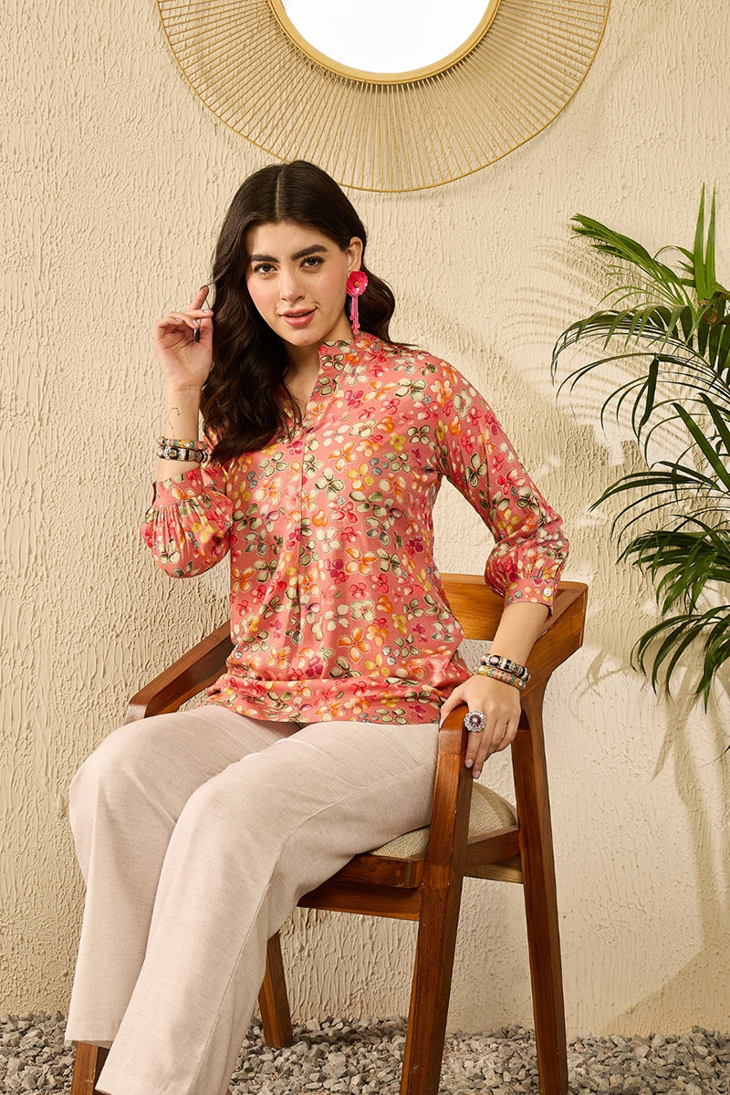 Pink Viscose Rayon Floral Printed Regular Kurti Tunics VT1310