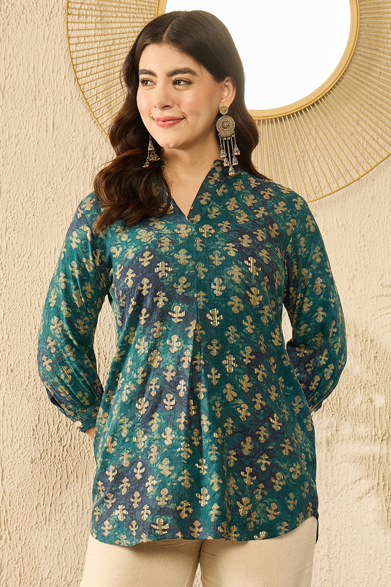 Blue Cotton Blend Ethnic Motifs Printed Regular Kurti Tunics VT1311