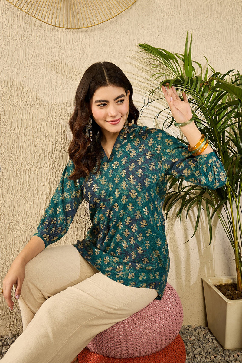 Blue Cotton Blend Ethnic Motifs Printed Regular Kurti Tunics VT1311