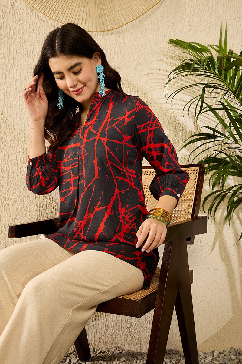 Black Viscose Rayon Abstract Printed Regular Kurti Tunics VT1314