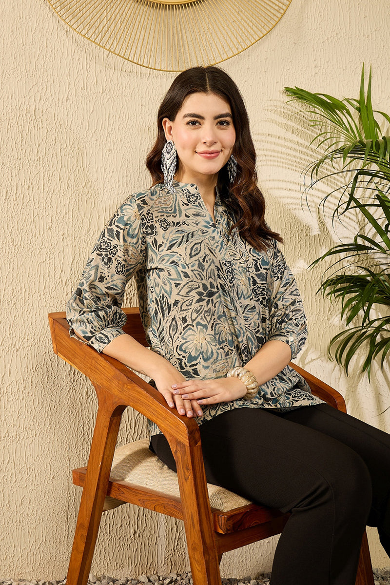 Blue Silk Blend Floral Printed Regular Kurti Tunics VT1315