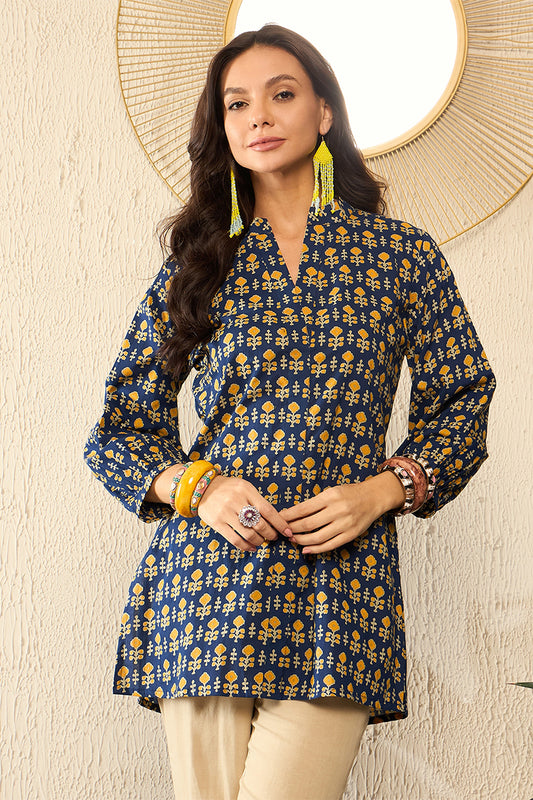 Blue Cotton Blend Ethnic Motifs Printed Regular Top VT1318