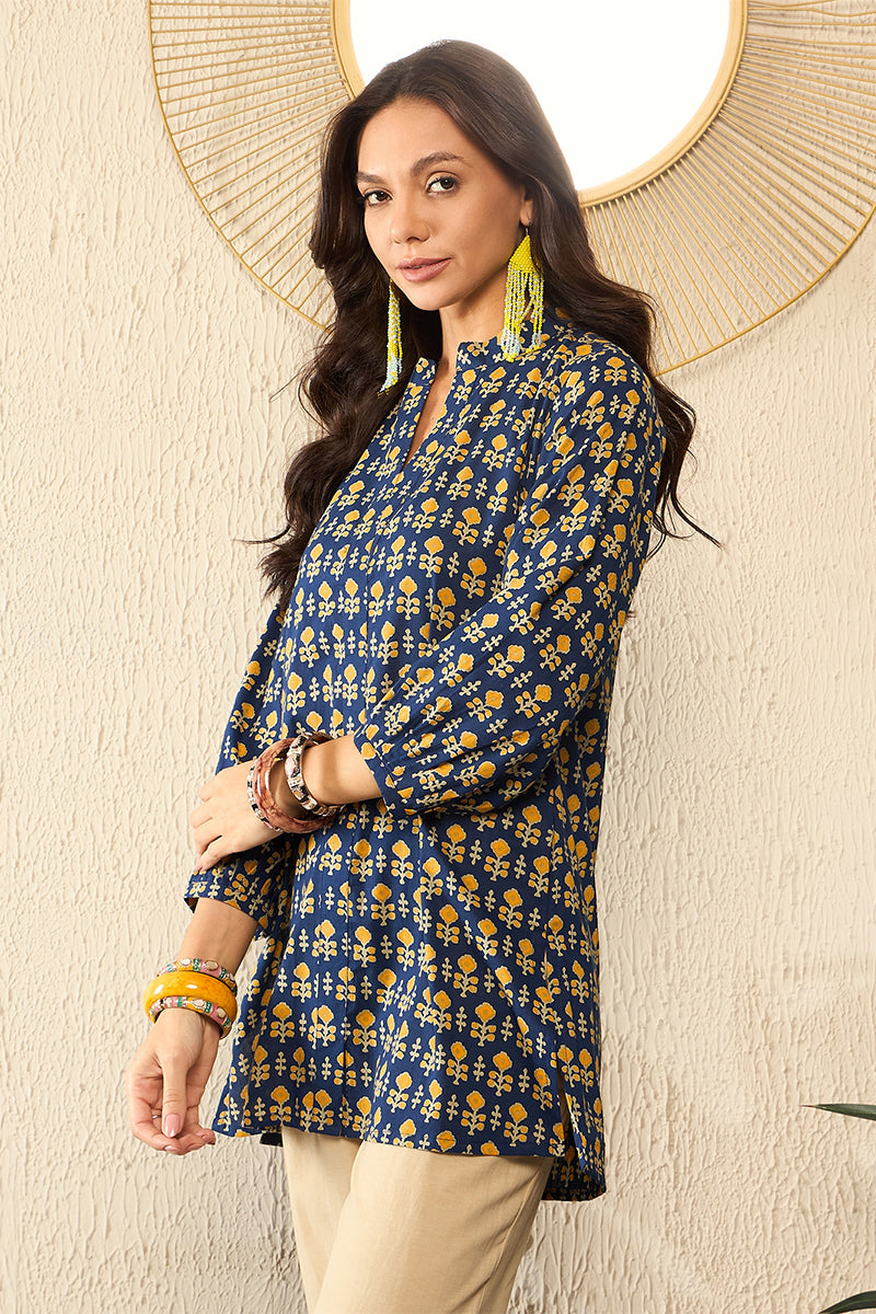 Blue Cotton Blend Ethnic Motifs Printed Regular Top VT1318