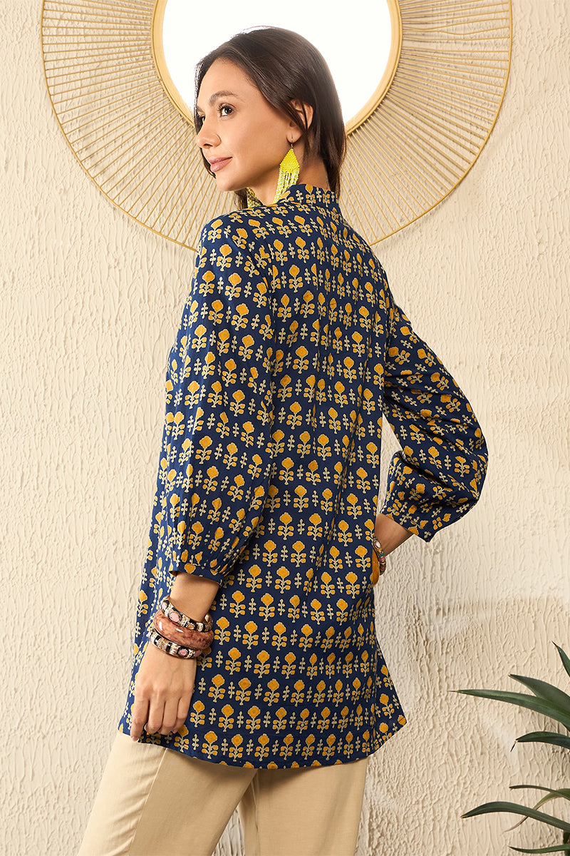 Blue Cotton Blend Ethnic Motifs Printed Regular Top VT1318